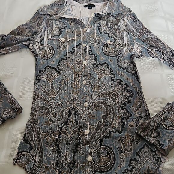 Komarov Pleated Button-Down Long Sleeves Shirt Small Blue/Cream - Picture 13 of 16